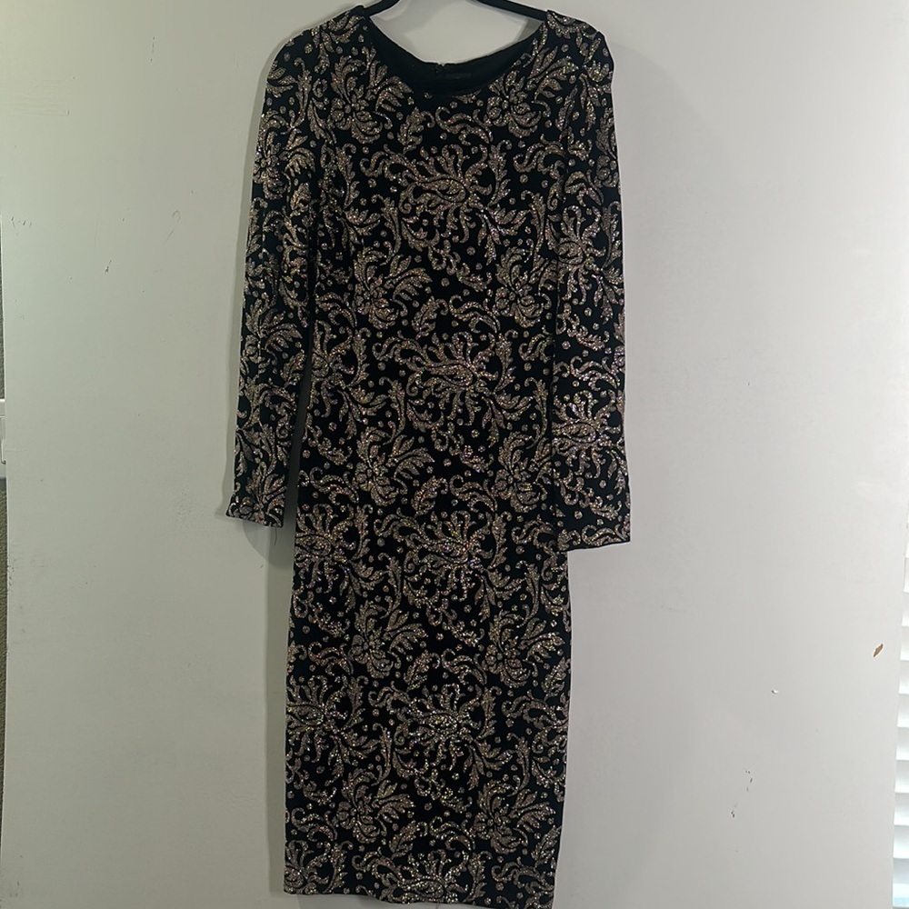 Betsy Adam black shimmer metallic midi dress 12 wedding dark romantic mob wife - Picture 7 of 16